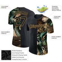 Load image into Gallery viewer, Custom Black Old Gold 3D Pattern Design Golden And Green Tropical Leaves In The Style Of Jungle And Hawaii Performance T-Shirt