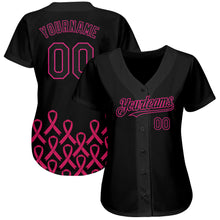 Load image into Gallery viewer, Custom Black Hot Pink 3D Pink Ribbon Breast Cancer Awareness Month Women Health Care Support Authentic Baseball Jersey