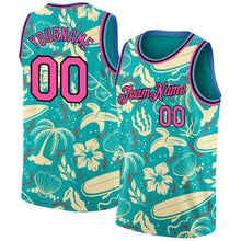 Load image into Gallery viewer, Custom Aqua Pink-Black 3D Pattern Tropical Hawaii Trees Authentic Basketball Jersey