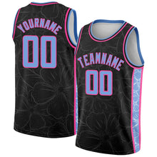 Load image into Gallery viewer, Custom Black Light Blue-Pink Flowers Authentic City Edition Basketball Jersey