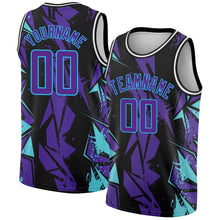 Load image into Gallery viewer, Custom Black Purple-Sky Blue 3D Pattern Design Geometric Shapes Authentic Basketball Jersey