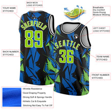 Load image into Gallery viewer, Custom Black Neon Green-Blue 3D Pattern Design Geometric Shapes Authentic Basketball Jersey