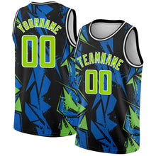 Load image into Gallery viewer, Custom Black Neon Green-Blue 3D Pattern Design Geometric Shapes Authentic Basketball Jersey