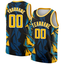 Load image into Gallery viewer, Custom Black Gold-Blue 3D Pattern Design Geometric Shapes Authentic Basketball Jersey
