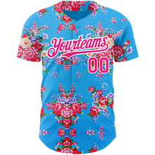 Load image into Gallery viewer, Custom Electric Blue Hot Pink-White 3D Pattern Design Northeast China Big Flower Authentic Baseball Jersey