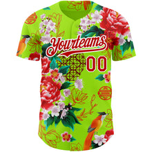 Load image into Gallery viewer, Custom Neon Green Red-White 3D Pattern Design Northeast China Big Flower Authentic Baseball Jersey