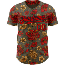 Load image into Gallery viewer, Custom Olive Red-Black 3D Pattern Design Northeast China Big Flower Authentic Baseball Jersey