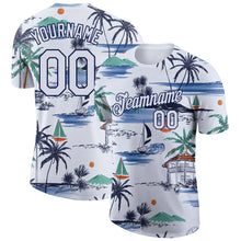 Load image into Gallery viewer, Custom White Navy 3D Pattern Design Hawaii Palm Trees Island And Sailboat Performance T-Shirt