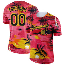 Load image into Gallery viewer, Custom Red Black-Gold 3D Pattern Design Sun Beach Hawaii Palm Trees Performance T-Shirt