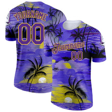 Load image into Gallery viewer, Custom Purple Yellow 3D Pattern Design Sun Beach Hawaii Palm Trees Performance T-Shirt