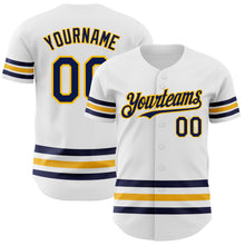 Load image into Gallery viewer, Custom White Navy-Gold Line Authentic Baseball Jersey
