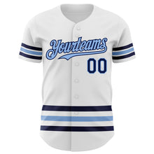 Load image into Gallery viewer, Custom White Navy-Light Blue Line Authentic Baseball Jersey