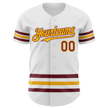 Load image into Gallery viewer, Custom White Burgundy-Gold Line Authentic Baseball Jersey