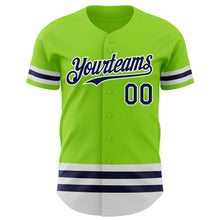 Load image into Gallery viewer, Custom Neon Green Navy-White Line Authentic Baseball Jersey