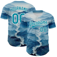 Load image into Gallery viewer, Custom White Teal 3D Pattern Design Mountains Authentic Baseball Jersey