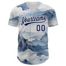 Load image into Gallery viewer, Custom White Navy 3D Pattern Design Mountains Landscape Authentic Baseball Jersey