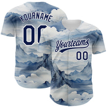Load image into Gallery viewer, Custom White Navy 3D Pattern Design Mountains Landscape Authentic Baseball Jersey