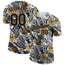 Load image into Gallery viewer, Custom Black Old Gold 3D Pattern Design Tropical Plant And Pineapples Performance T-Shirt