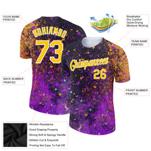 Load image into Gallery viewer, Custom Black Yellow-Purple 3D Pattern Design Holi Festival Color Powder Performance T-Shirt