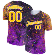 Load image into Gallery viewer, Custom Black Yellow-Purple 3D Pattern Design Holi Festival Color Powder Performance T-Shirt