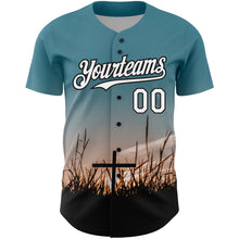 Load image into Gallery viewer, Custom Teal White-Black 3D Pattern Design Religion Cross Jesus Christ Good Friday Authentic Baseball Jersey