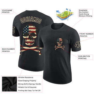 Custom Black City Cream 3D Skull With American Flag Performance T-Shirt