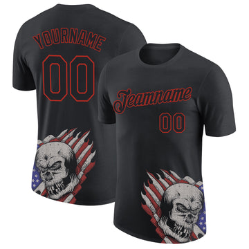 Custom Black Red 3D Skull With American Flag Performance T-Shirt