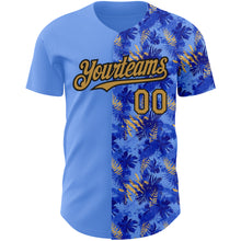 Load image into Gallery viewer, Custom Light Blue Old Gold-Black 3D Pattern Design Tropical Hawaii Palm Leaves Authentic Baseball Jersey