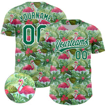 Load image into Gallery viewer, Custom White Kelly Green 3D Pattern Design Animal Flamingo And Hawaii Palm Leaves Authentic Baseball Jersey