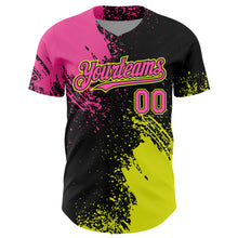 Load image into Gallery viewer, Custom Pink Black-Neon Yellow 3D Pattern Design Abstract Brush Stroke Authentic Baseball Jersey