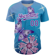 Load image into Gallery viewer, Custom Light Blue Purple-White 3D Pattern Design Animal Butterfly And Flower Authentic Baseball Jersey