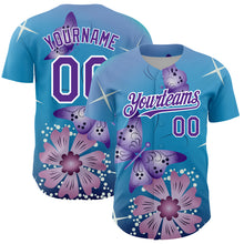Load image into Gallery viewer, Custom Light Blue Purple-White 3D Pattern Design Animal Butterfly And Flower Authentic Baseball Jersey