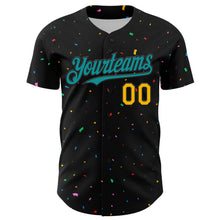 Load image into Gallery viewer, Custom Black Teal-Gold 3D Pattern Design Confetti Authentic Baseball Jersey