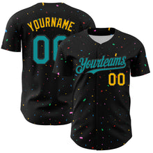 Load image into Gallery viewer, Custom Black Teal-Gold 3D Pattern Design Confetti Authentic Baseball Jersey