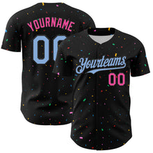 Load image into Gallery viewer, Custom Black Light Blue-Pink 3D Pattern Design Confetti Authentic Baseball Jersey