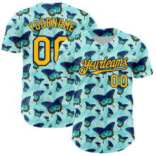 Load image into Gallery viewer, Custom Ice Blue Gold-Navy 3D Pattern Design Animal Butterfly Authentic Baseball Jersey