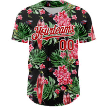 Load image into Gallery viewer, Custom Black Red-White 3D Pattern Design Tropical Plant And Bird Authentic Baseball Jersey