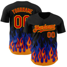 Load image into Gallery viewer, Custom Black Red-Gold 3D Pattern Design Flame Authentic Baseball Jersey