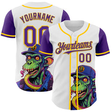 Load image into Gallery viewer, Custom White Purple-Yellow 3D Pattern Design Rave Monster Authentic Baseball Jersey