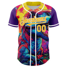 Load image into Gallery viewer, Custom Purple Gold-White 3D Pattern Design Rave T Rex Authentic Baseball Jersey
