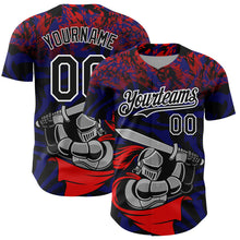 Load image into Gallery viewer, Custom Red Black-Thunder Blue 3D Pattern Design Knight Hero Art Authentic Baseball Jersey