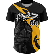 Load image into Gallery viewer, Custom Black Gold-White 3D Pattern Design Knight Hero Art Authentic Baseball Jersey