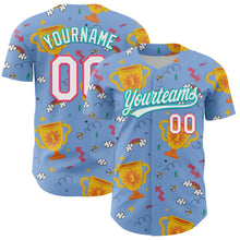 Load image into Gallery viewer, Custom Light Blue Neon Pink-Aqua 3D Pattern Design Champion Trophy Authentic Baseball Jersey