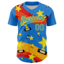 Load image into Gallery viewer, Custom Electric Blue Light Yellow 3D Pattern Design Champion Trophy Authentic Baseball Jersey