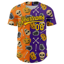 Load image into Gallery viewer, Custom Purple Yellow Bay Orange-Black 3D Pattern Halloween Skull Authentic Baseball Jersey