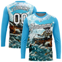 Load image into Gallery viewer, Custom Sky Blue White-Black 3D Pattern Design Fisherman Catching Fish Performance T-Shirt