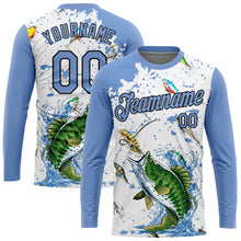 Load image into Gallery viewer, Custom White Light Blue-Black 3D Pattern Design Big Bass Fish Fishing Performance T-Shirt