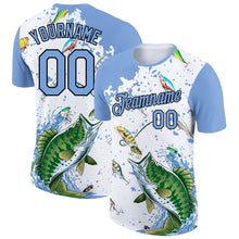 Load image into Gallery viewer, Custom White Light Blue-Black 3D Pattern Design Big Bass Fish Fishing Performance T-Shirt