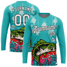 Load image into Gallery viewer, Custom Aqua White-Black 3D Pattern Design Big Bass Fish Fishing Performance T-Shirt