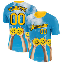 Load image into Gallery viewer, Custom Sky Blue Gold-Black 3D Pattern Design Smile Emoji Performance T-Shirt